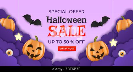 Halloween-Angebot. Ausgeschnittenes Banner im Papierstil mit realistischen Kürbissen, Augen, Lampen und Fledermäusen. Sonderangebot bis zu 50 % Rabatt. Stock Vektor