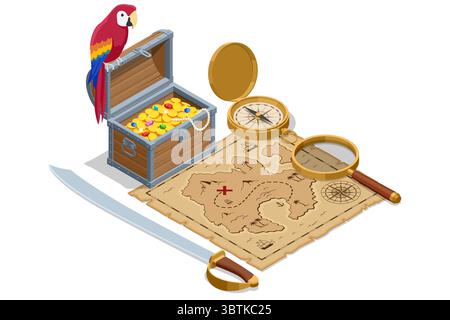Isometrische Schatzkarte. Eine isometrische Illustration, die eine Piratenschatzszene mit einer offenen Brust zeigt, die mit Gold überflutet ist, eine Karte, einen Kompass Stock Vektor