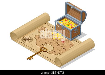 Schatzkarte. Isometrische Illustration mit einer ausgerollten Schatzkarte mit einem X, einer offenen Schatzkiste mit Gold und einem Stock Vektor