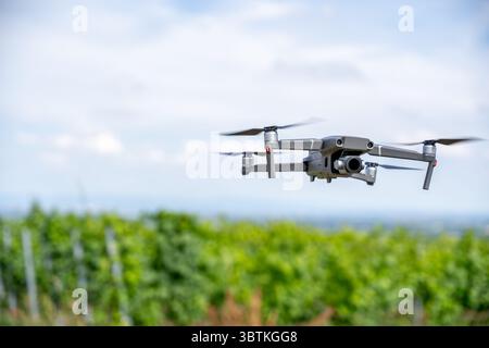 Fliegende Drohne im Weinberg aufgenommen in scharfem Fokus – modernes UAV mit Kamera in der Mitte der Luft, verschwommenem grünem Hintergrund, Landwirtschaftstechnologie und Aeri Stockfoto
