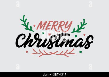 „Frohe Weihnachten Typografie mit grünen Blättern und roten Beeren“ Stock Vektor