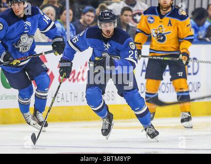 Jacksonville Icemen Stürmer Garrett Ross (26) jagt den Puck während der zweiten Phase eines ECHL-Profihockeyspiels gegen die Atlanta Gladiators in der Veterans Memorial Arena in Jacksonville, Florida, Mittwoch, 30. Oktober 2019. (Gary Lloyd McCullough/CSM)(Credit Image: &Copy; Gary Lloyd McCullough/CSM via ZUMA Wire) Stockfoto