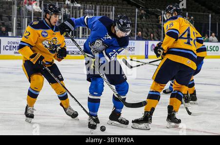 Jacksonville Icemen Stürmer Garrett Ross (26) streitet um den Puck zwischen dem Verteidiger Alexey Solovyev (22) und Anthony Collins (48), rechts, während der ersten Phase eines ECHL-Profi-Hockeyspiels in der Veterans Memorial Arena in Jacksonville, Florida, Mittwoch, 30. Oktober 2019. (Gary Lloyd McCullough/CSM)(Credit Image: &Copy; Gary Lloyd McCullough/CSM via ZUMA Wire) Stockfoto