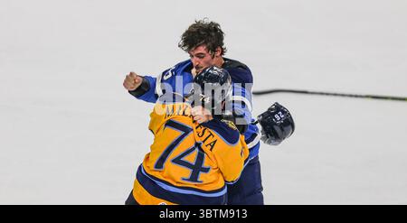 Jacksonville Icemen Stürmer Garrett Ross (26) und Atlanta Gladiators Verteidiger Zach Malatesta (74) kämpfen auf dem Eis während der dritten Periode eines ECHL-Profi-Hockeyspiels in der Veterans Memorial Arena in Jacksonville, Florida, Mittwoch, 30. Oktober 2019. (Gary Lloyd McCullough/CSM)(Credit Image: &Copy; Gary Lloyd McCullough/CSM via ZUMA Wire) Stockfoto