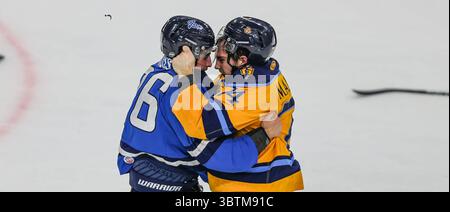 Jacksonville Icemen Stürmer Garrett Ross (26) und Atlanta Gladiators Verteidiger Zach Malatesta (74) kämpfen auf dem Eis während der dritten Periode eines ECHL-Profi-Hockeyspiels in der Veterans Memorial Arena in Jacksonville, Florida, Mittwoch, 30. Oktober 2019. (Gary Lloyd McCullough/CSM)(Credit Image: &Copy; Gary Lloyd McCullough/CSM via ZUMA Wire) Stockfoto