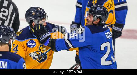 Jacksonville Icemen Stürmer Garrett Ross (26) und Atlanta Gladiators Verteidiger Zach Malatesta (74) kämpfen auf dem Eis während der dritten Periode eines ECHL-Profi-Hockeyspiels in der Veterans Memorial Arena in Jacksonville, Florida, Mittwoch, 30. Oktober 2019. (Gary Lloyd McCullough/CSM)(Credit Image: &Copy; Gary Lloyd McCullough/CSM via ZUMA Wire) Stockfoto