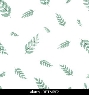Nahtloses Muster mit minimalistischen grünen Zweigen und weißen Punkten auf weißem Hintergrund. Handgezeichnete Vektorillustration. Perfekt für Textilien, Geschenkpapier, Verpackungen und dekorative Projekte Stock Vektor