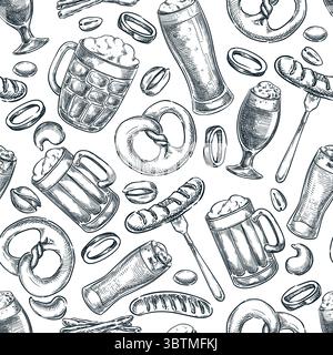 Craft Beer nahtloses Muster. Vektor Hand gezeichnete Skizze Illustration von Becher, Glas, Wurst, Brezel. Zubereitung von Snacks und Getränken für das Pub-Menü, Okt. Stock Vektor