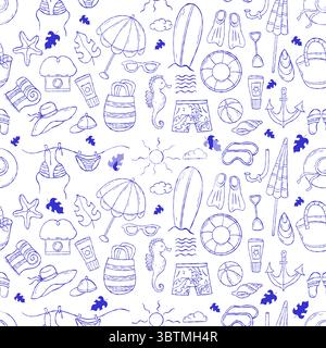 Dolce vita. Nahtloses Muster mit Strandurlaub auf weißem Hintergrund. Mediterrane Ästhetik. Outline Blue Vintage Summer minimaler Hintergrund in der Hand d Stock Vektor