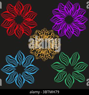 Bunte Blumenmuster. Abstrakter Konturvektor. Dekorative Illustration des Regenbogens. Dunkler Hintergrund eingestellt. Stock Vektor