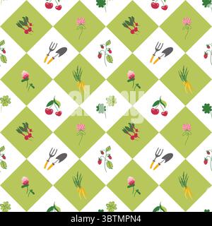 Ökologisches Gartendesign mit Gemüse, Obst und landwirtschaftlichen Geräten Stockfoto