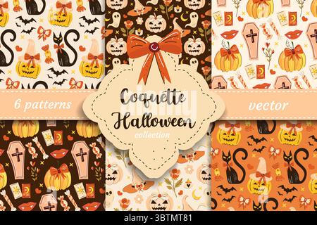 Gruselige süße Vektormuster mit Kürbissen, schwarzen Katzen, Bögen, Geistern und Hexenhüten im romantischen Coquette-Stil. Ideal für Halloween-Textilien Stock Vektor