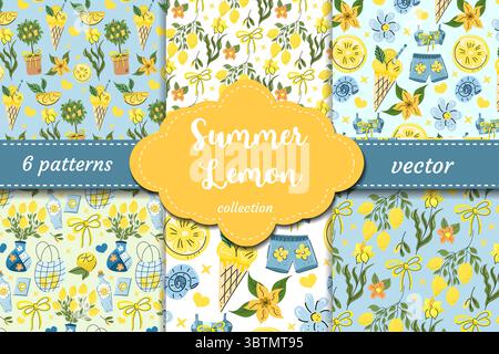 Frisches Zitronenkern-Vektormuster mit Zitrusfrüchten, Schleifen, Blumen, Eis und Sommerkleidung im handgezeichneten Dopamin-Stil. Perfekt zum Verpacken Stock Vektor