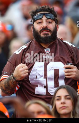 3. November 2019: Ein Browns-Fan bejubelt sein Team in der ersten Hälfte des Spiels zwischen Denver und Cleveland auf dem Empower Field in Denver, CO. Denver gewann mit 24:19. Derek Regensburger/CSM.(Kreditbild: &Copy; Derek Regensburger/CSM via ZUMA Wire) Stockfoto