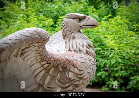 Pennsylvania Railroad Station Eagle von Adolph Weinman im National Zoo in Washington DC | WASHINGTON DC, Vereinigte Staaten — Eine Nahaufnahme des Kopfes und der Schultern der Pennsylvania Station Eagle erfasst die feinen Federarbeiten, die der Bildhauer Adolph A. Weinman für die ursprüngliche Pennsylvania Station in New York geschnitzt hat. Der Adler wurde zwischen 1963 und 1966 gerettet, als das Terminal abgerissen wurde, wurde dem Smithsonian geschenkt und steht heute im Vogelhaus des National Zoo. Weinman entwarf auch den Quecksilber-Dime. Stockfoto