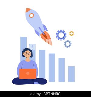 Start-up-Start und Beschleunigung – Business-Team mit Laptop, Rakete, Gewinndiagramm und Megaphon. Flache Darstellung von Teamarbeit und Geschäftswachstum. Stock Vektor