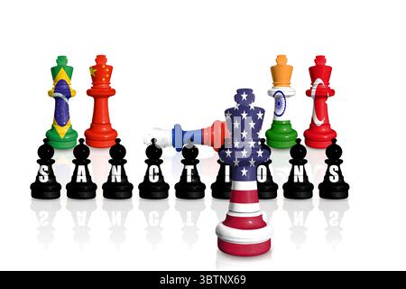 Schach aus Fahnen der USA, Chinas, Indiens, Brasiliens, der Türkei und Russlands. Sanktionen für den russischen Krieg in der Ukraine und für die Unterstützung Russlands Stockfoto
