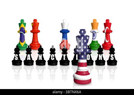 Schach aus Fahnen der USA, Chinas, Indiens, Brasiliens, der Türkei und Russlands. Sanktionen für den russischen Krieg in der Ukraine und für die Unterstützung Russlands Stockfoto