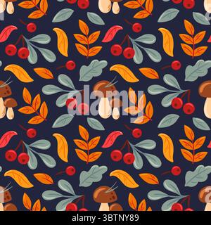 Diese Vektor-Illustration zeigt ein nahtloses Herbstmuster mit bunten Blättern, bezaubernden Pilzen und lebendigen Beeren. Perfekt für saisonales Design Stock Vektor