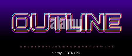 Glitzer-Neon-Alphabet, lineare Umrisse leuchtende Buchstaben, leuchtende farbige elektrische Konturschrift für Nachtclub-Logo, technische Überschrift, Cyber-Bar-Typografie Stock Vektor
