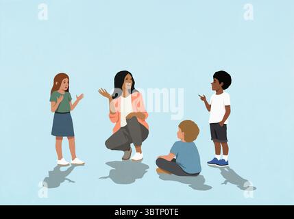 Weibliche Lehrerin, die mit multirassischen Schulkindern vor blauem Hintergrund spricht Stockfoto