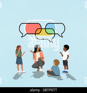 Mehrfarbige Sprechblasen überlagern sich über den sprechenden Lehrerinnen und Schulkindern Stockfoto
