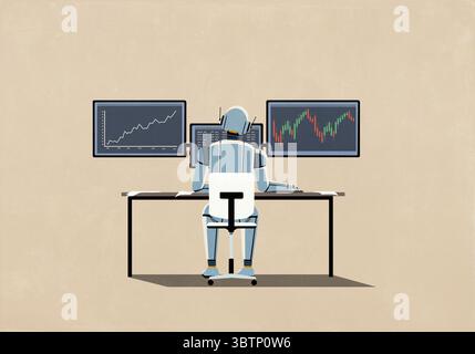 Humanoider Roboter, der an Computermonitoren mit Finanzdaten arbeitet Stockfoto