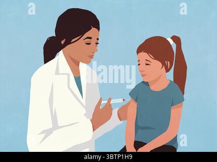 Weibliche Kinderärztin mit Spritze, die Mädchen vor blauem Hintergrund geimpft Stockfoto
