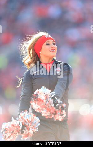 9. November 2019: Ohio State Buckeyes Cheerleader trat während des NCAA-Fußballspiels zwischen den Maryland Terrapins und Ohio State Buckeyes im Ohio Stadium in Columbus, Ohio, auf. JP Waldron/Cal Sport Media (Kreditbild: &Copy; JP Waldron/CSM via ZUMA Wire) Stockfoto