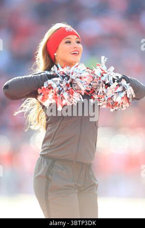 9. November 2019: Ohio State Buckeyes Cheerleader trat während des NCAA-Fußballspiels zwischen den Maryland Terrapins und Ohio State Buckeyes im Ohio Stadium in Columbus, Ohio, auf. JP Waldron/Cal Sport Media (Kreditbild: &Copy; JP Waldron/CSM via ZUMA Wire) Stockfoto