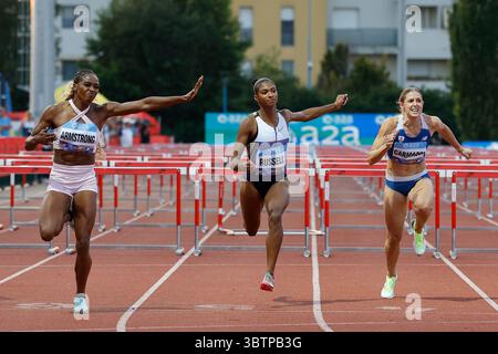 Brescia, Italien. Juli 2025. Armstrong Alia aus den USA tritt am 15. Juli 2025 im Gabre Gabric Stadium in Brescia, Italien, an den 100-m-Hürden der Frauen während des Banca Valsabbina GranPrix Brescia 2025 an. Quelle: Unabhängige Fotoagentur/Alamy Live News Stockfoto