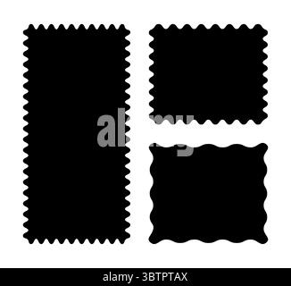 Set aus flachen rechteckigen Mustern mit schnörkeligen Rändern. Schwarze Rahmen für Kurvenkanten. Trendige Tags, leere Textfelder, Etiketten, Stempel, Cracker, Coupons Stock Vektor