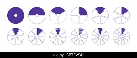 Kreise in Diagramme 1, 2, 3, 10, 7, 8, 9, 10, 11, 12 gleiche Teile. Symbole für lilafarbene Diagramme, Pizzaform und Diagramme. Coaching leer Stock Vektor