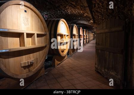 Eichenholz im Weinkeller von Foudres, der für die Reifung des Chateaneuf du Pape in der Domaine de Nalys in der Weinregion RH™ne Valley, Frankreich, verwendet wird Stockfoto