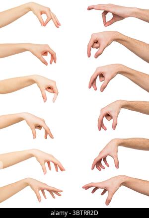 Set weißer Männer- und Frauenhände. Hand nimmt etwas auf Stockfoto