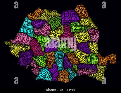 Rumänien Regionen Wortwolken. Helles Neondesign auf dunklem Hintergrund. Regionale Namen des Landes in rumänischer Sprache. Stock Vektor
