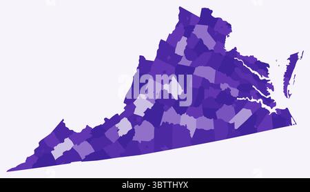 Karte von Virginia mit Countys. Eine einfache Grenzkarte mit Bezirksabteilungen. Dunkelviolett. Stock Vektor