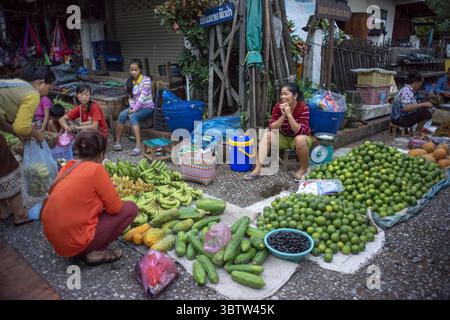 23. August 2015, Laos: Der Morgenmarkt in Luang Prabang, Laos. Obst und Gemüse zum Verkauf. Beginnend am frühen Morgen treffen sich lokale Händler auf dieser Straße im Zentrum von Luang Prabang, um sie an Einheimische zu verkaufen. Ihre Waren sind hauptsächlich Essen, aber es gibt auch ein paar Souvenirstände für die Touristen. (Kreditbild: © Sergi Reboredo/ZUMA Wire) Stockfoto