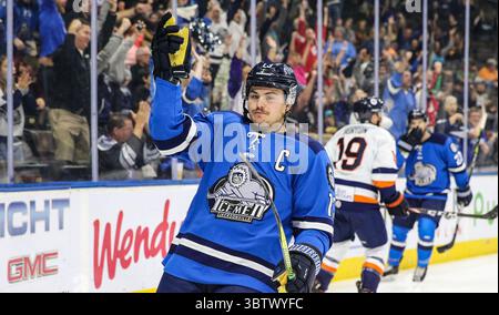 Jacksonville Icemen verließ Emerson Clark (13), nachdem er in der ersten Phase eines ECHL-Profihockeyspiels gegen die Greenville Swamp Rabbits in der Veterans Memorial Arena in Jacksonville, Florida, am Mittwoch, 27. November 2019 einen Treffer erzielte. [Gary Lloyd McCullough/CSM](Guthaben: &Copy; Gary Lloyd McCullough/CSM via ZUMA Wire) Stockfoto