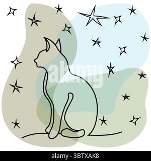 Abstrakte Katzenillustration. Tier mit Sternenhimmel. Minimalistischer Tiervektor. Künstlerische Linienzeichnung. Stock Vektor