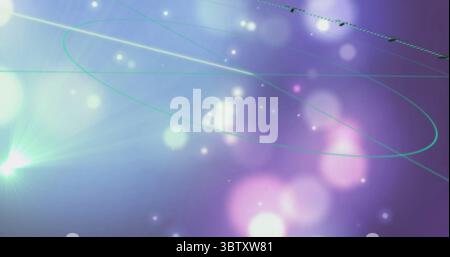 Gradientenverschiebung im virtuellen Raum, mit Soft-Focus-Bokeh-Kugeln, neongrünen Linien, Linsen-Lichtstrahlen Stockfoto