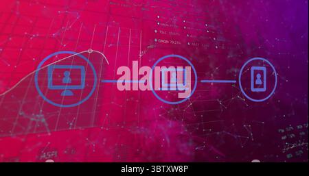 Anzeigen von Desktop-Laptop-Smartphone-Symbolen, die eine Verbindung zum virtuellen Gradientenraster und Datennetzwerk herstellen Stockfoto