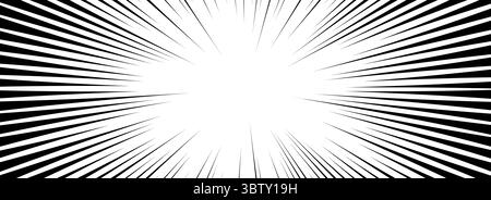 Hintergrund der Comic-Geschwindigkeitslinie. Explosionseffekt von Zeichentrickbüchern. Schwarzes und weißes Radialmuster. Pop-Art-Blitzstrahlen oder -Strahlen. Manga- oder Anime-Tapete mit Sonnenschliff. Vektor-Superhelden-Impact-Hintergrund Stock Vektor