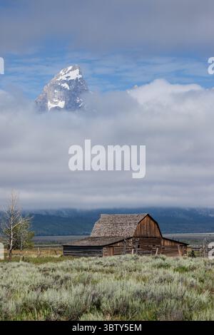 2. August 2011, Grand Teton National Park, Wyoming, Vereinigte Staaten: Die alte Holzscheune auf dem John Moulton Homestead in der Mormon Row im Grand Teton National Park, mit dem Grand Teton aus den Wolken dahinter blickt. Wyoming, USA. (Kreditbild: © Jon G. Fuller/VW Pics via ZUMA Wire) Stockfoto