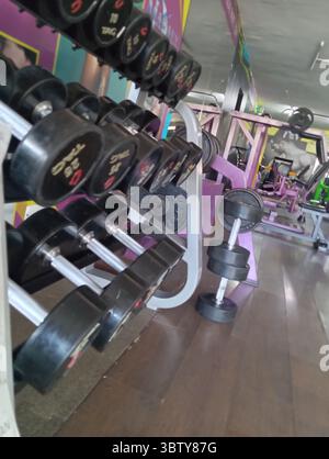 Inneneinrichtung eines modernen Fitnessstudios mit verschiedenen Trainingsgeräten und Geräten. Sauberer, organisierter Raum ohne Personen. Umfasst Cardio und Krafttraining Stockfoto