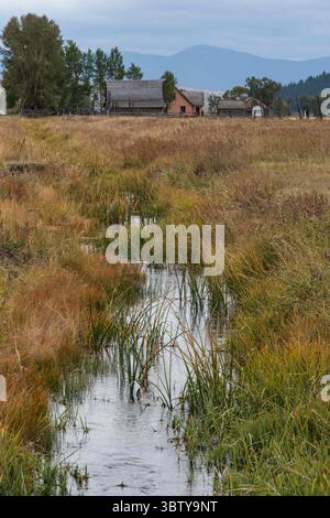 19. September 2020, Grand Teton National Park, Wyoming, Vereinigte Staaten: Ein Pionier-Bewässerungskanal und das John Moulton Homestead in der Mormon Row im Grand Teton National Park, Wyoming, USA. (Kreditbild: © Jon G. Fuller/VW Pics via ZUMA Wire) Stockfoto