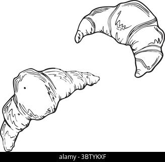 Croissants in handgezeichnetem Stil Set, Bäckereiskizze, Croissant in schwarzer Umrandung. Nahrungsmittelelemente Zeichnung, Vektorillustration isoliert auf weißem Hintergrund Stock Vektor