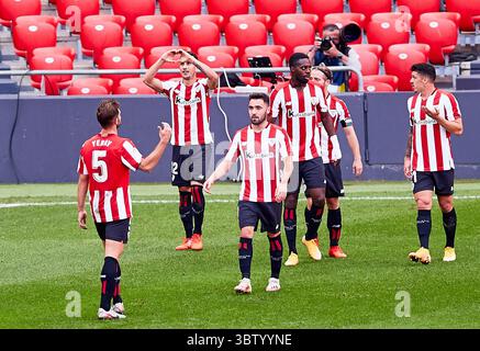 18. Oktober 2020, Bilbao, VIZCAYA, SPANIEN: Alex Berenguer vom Athletic Club feiert sein Tor während der spanischen Liga La Santander, einem Fußballspiel zwischen Athletic Club de Bilbao und Levante UD im San Mames Stadion am 18. Oktober 2020 in Bilbao. (Bild: © Inigo Larreina/AFP7 via ZUMA Wire) Stockfoto