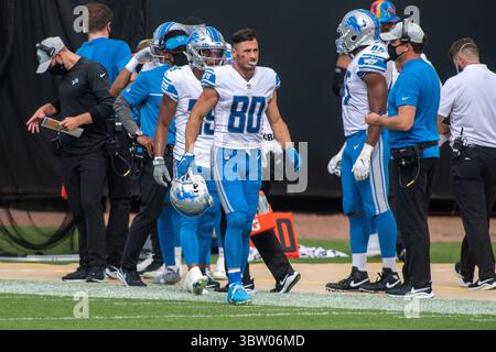 18. Oktober 2020, Jacksonville, Florida, USA: Detroit Lions Wide Receiver DANNY AMENDOLA (80) geht im vierten Quartal auf dem TIAA Bank Field in Jacksonville, Florida, über die Seitenlinie. Die Detroit Lions besiegten 34 die Jacksonville Jaguars. (Kreditbild: © Michael Johnson/ZUMA Wire) Stockfoto