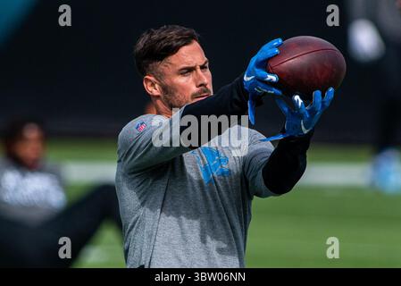 18. Oktober 2020, Jacksonville, Florida, USA: Detroit Lions Wide Receiver DANNY AMENDOLA (80) erhält einen Pass während der Aufwärmphase auf dem TIAA Bank Field in Jacksonville, Florida. Die Detroit Lions besiegten 34 die Jacksonville Jaguars. (Kreditbild: © Michael Johnson/ZUMA Wire) Stockfoto